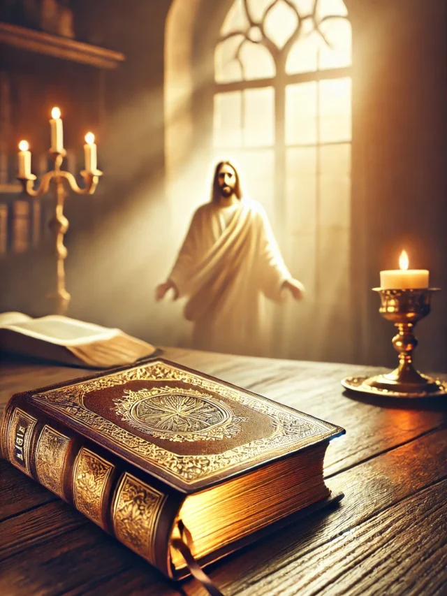 DALL·E 2024-11-27 10.13.15 - A serene and inspirational background image suitable for Bible motivational quotes. The scene features a beautifully detailed Bible placed on a wooden